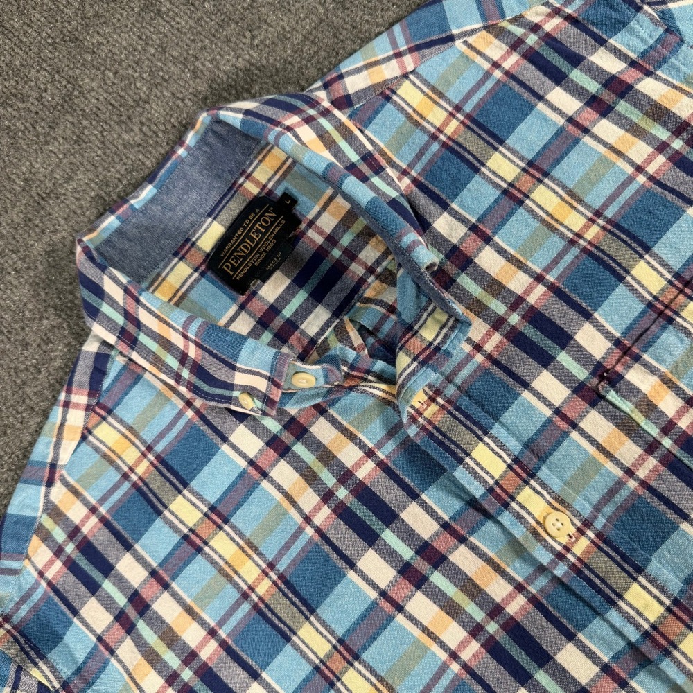 Pendleton Mens Blue Yellow Plaid Short Sleeve Button Down Shirt Large #4257